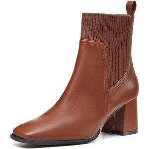 Women's Dark BrownSlip-On Ankle Boots Chunky Block Heel Square Toe Dress Booties